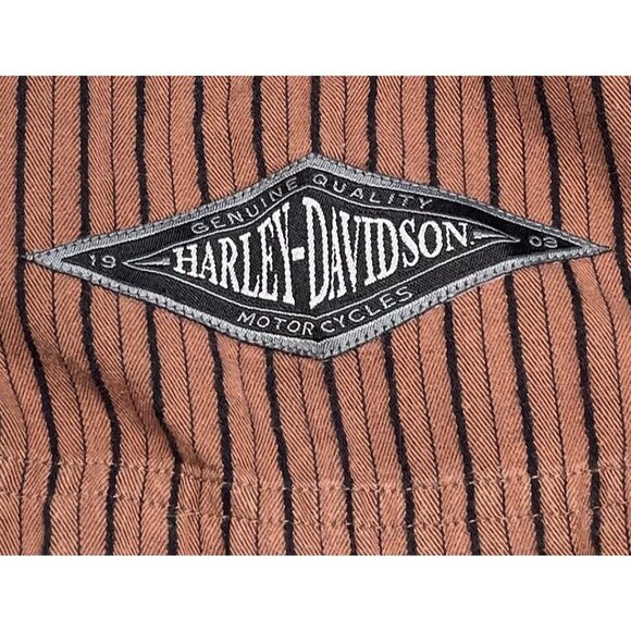 HARLEY-DAVIDSON Mens LARGE Brown Stripe Embroidery Spell-Out Button-Up S/S SHIRT - Picture 3 of 11